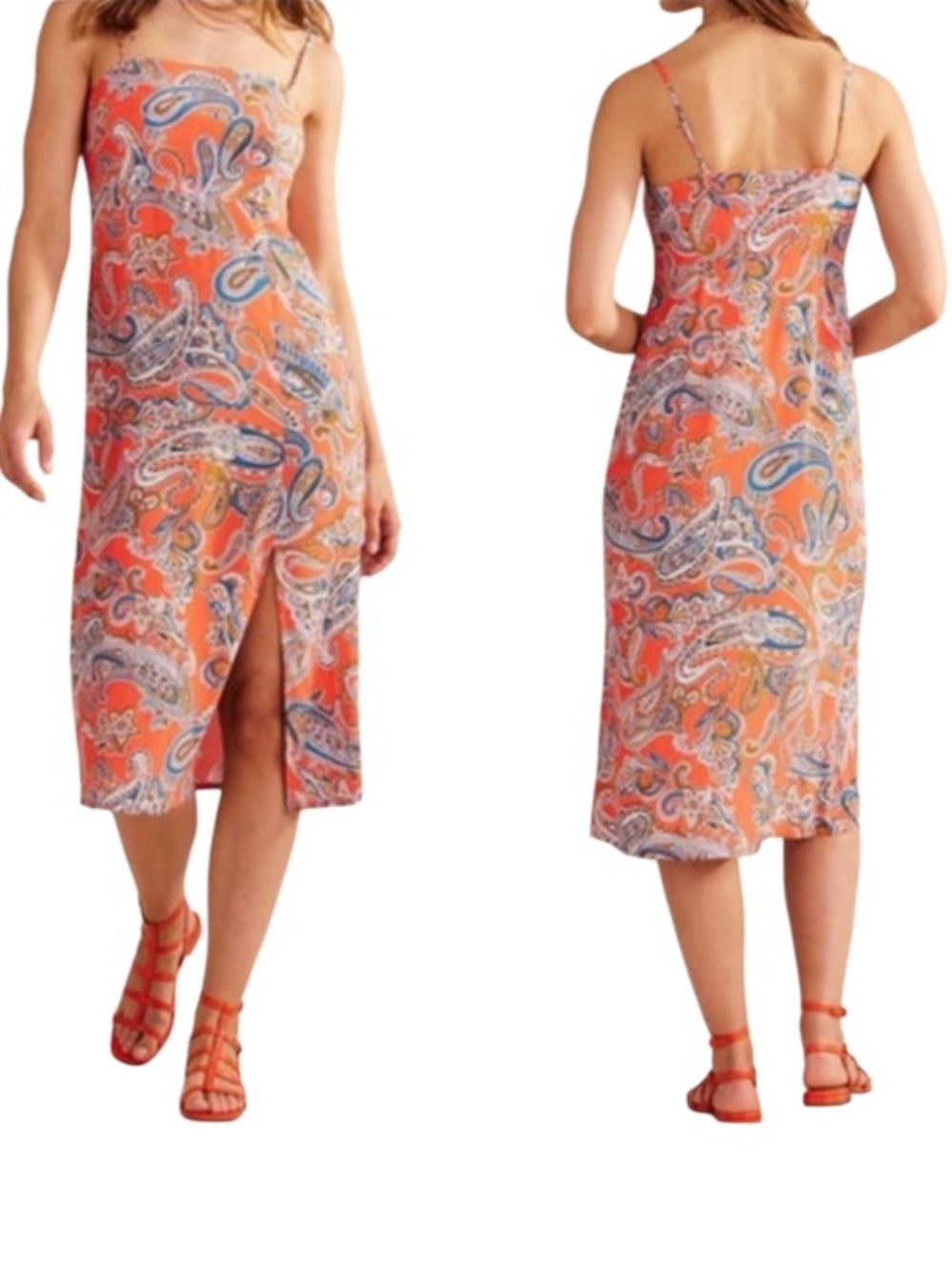 Boden Column Cami Orange Jelly Paradise Paisley Print Spaghetti Strap Midi Dress